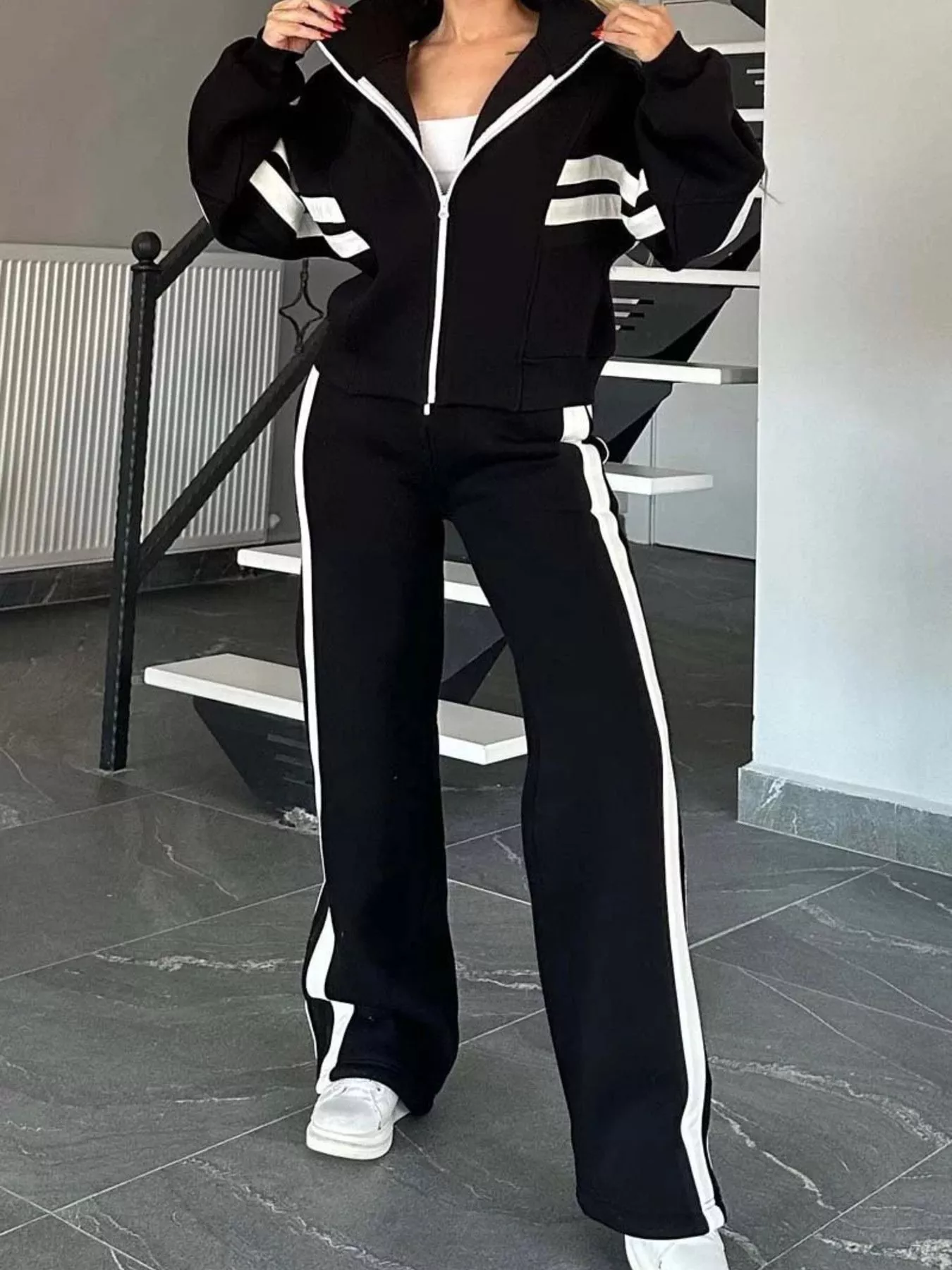 Full Size Striped Zip Up Outerwear and Pants Set Plus Size - Image 4