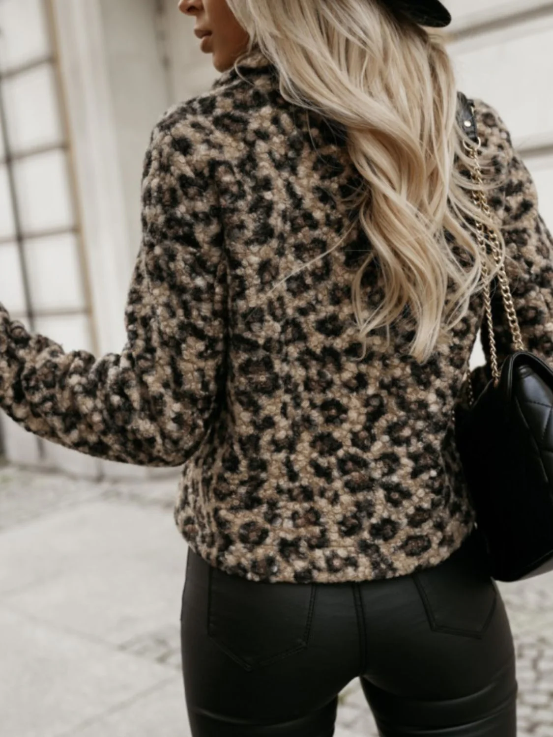Fuzzy Animal Print Collared Neck Coat - Image 4