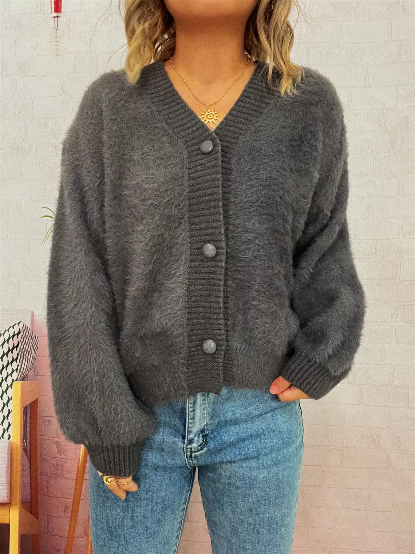 Fuzzy Button-Up Long Sleeve Cardigan - Image 10