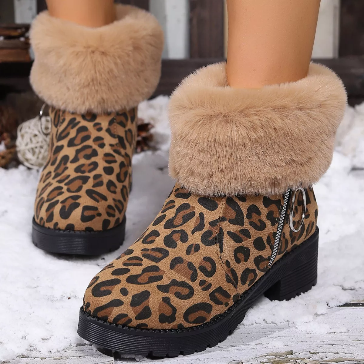 Fuzzy Cuff Leopard Print Ankle Boots - Image 3