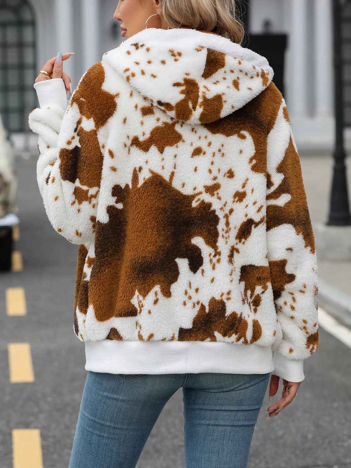 Fuzzy Drawstring Zip Up Hooded Jacket - Image 2
