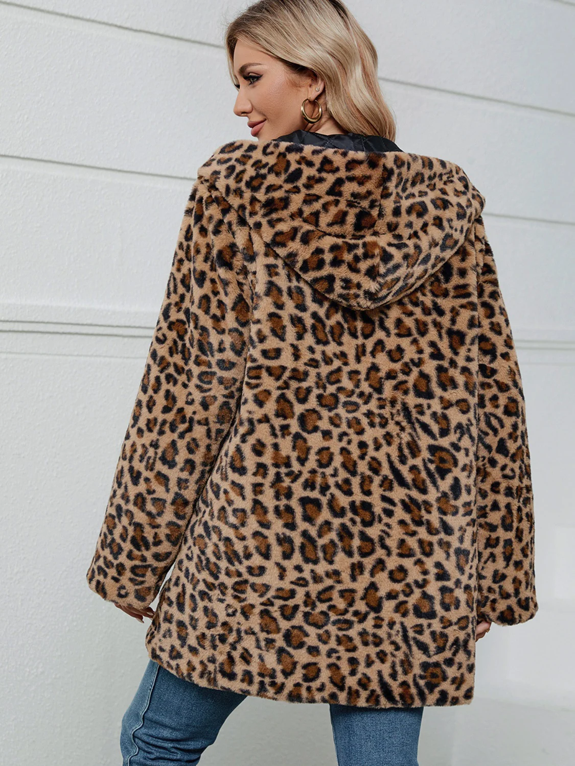 Fuzzy Leopard Hooded Long Sleeve Jacket - Image 2