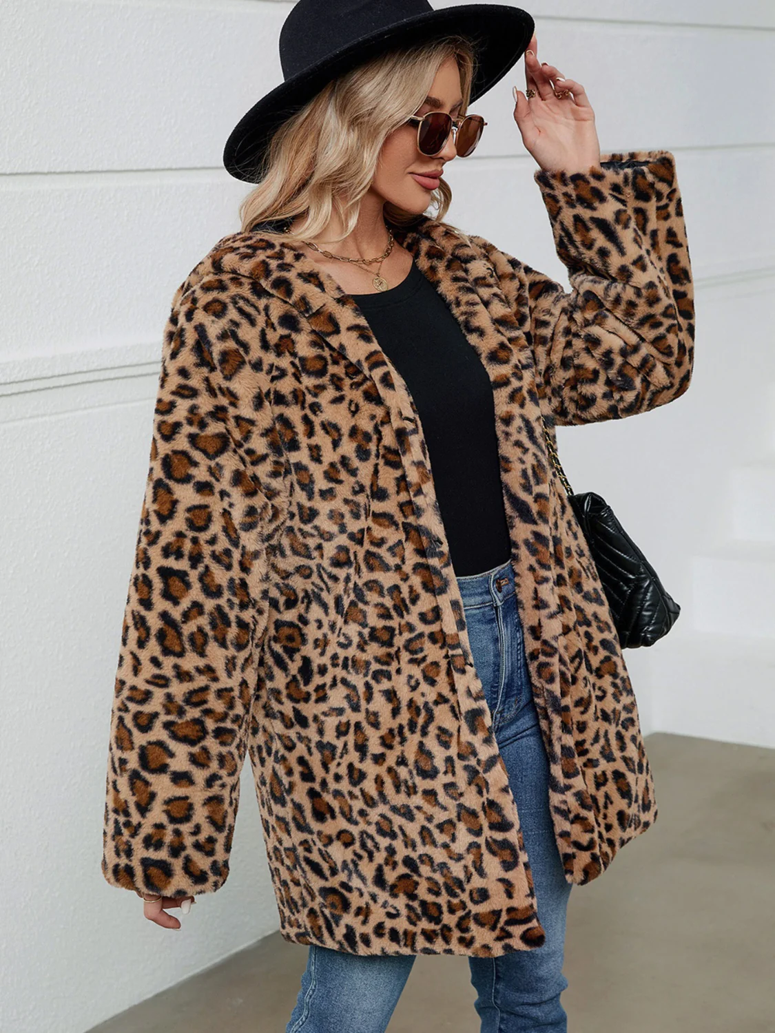 Fuzzy Leopard Hooded Long Sleeve Jacket - Image 5