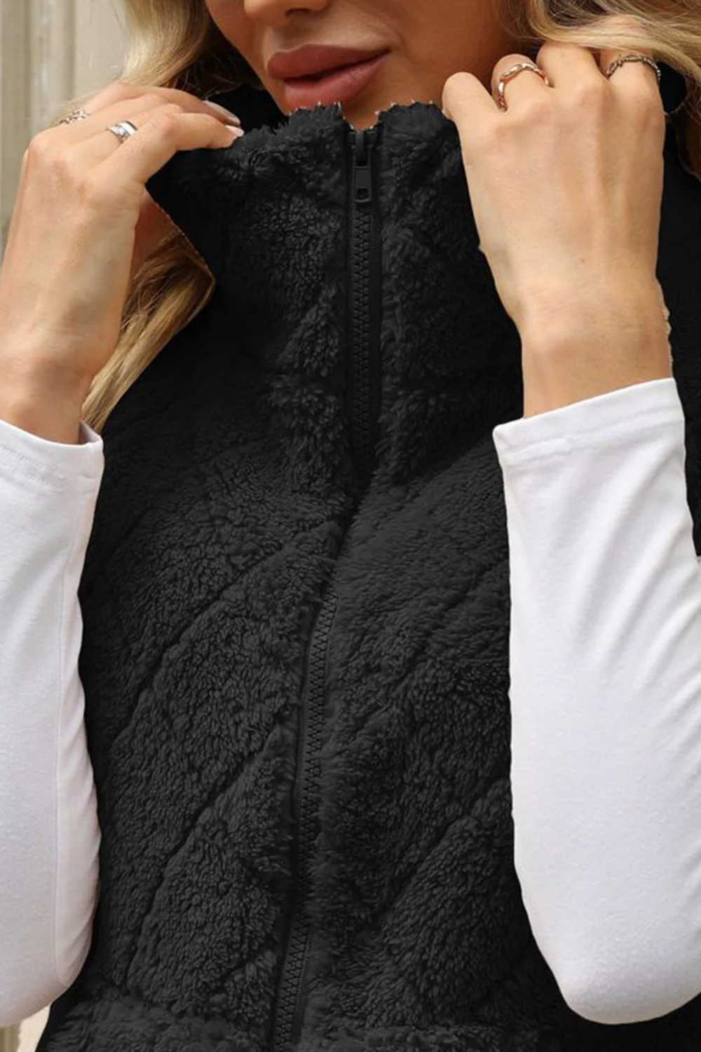 Fuzzy Plaid Texture Zip Up Vest Coat - Image 10