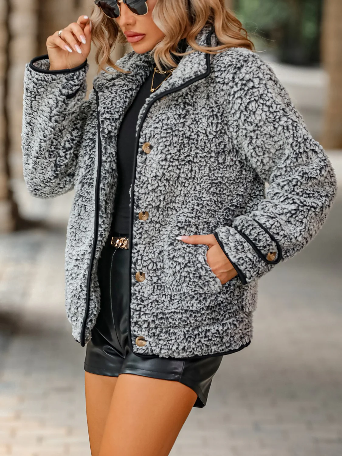 Fuzzy Pocketed Button Up Jacket - Image 9