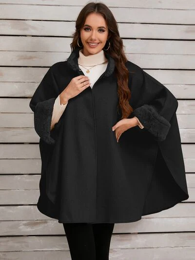 Fuzzy Trim Long Sleeve Poncho - Image 16