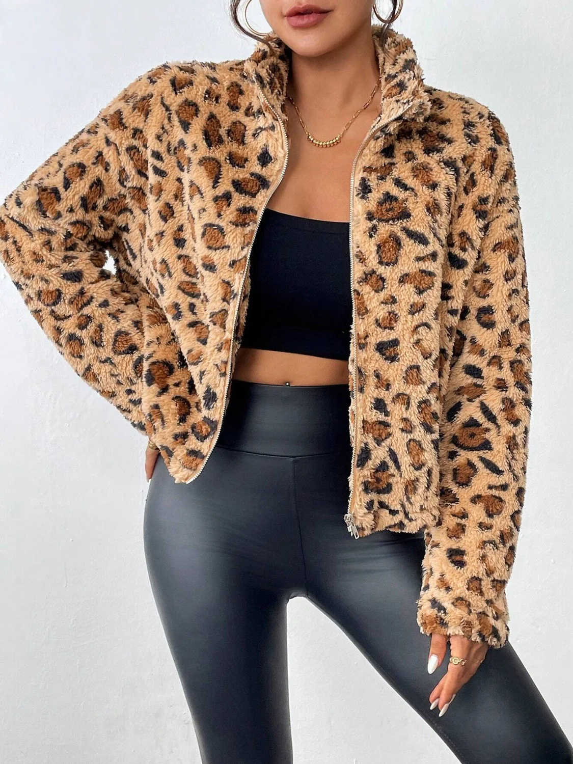 Fuzzy Turtleneck Leopard Zip Up Jacket - Image 2