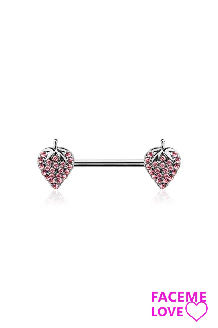 GEM PAVED STRAWBERRY CHARM END 316L SS NIPPLE BAR - Image 2