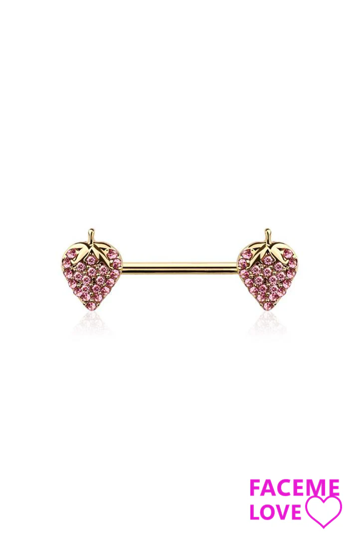 GEM PAVED STRAWBERRY CHARM END 316L SS NIPPLE BAR - Image 3