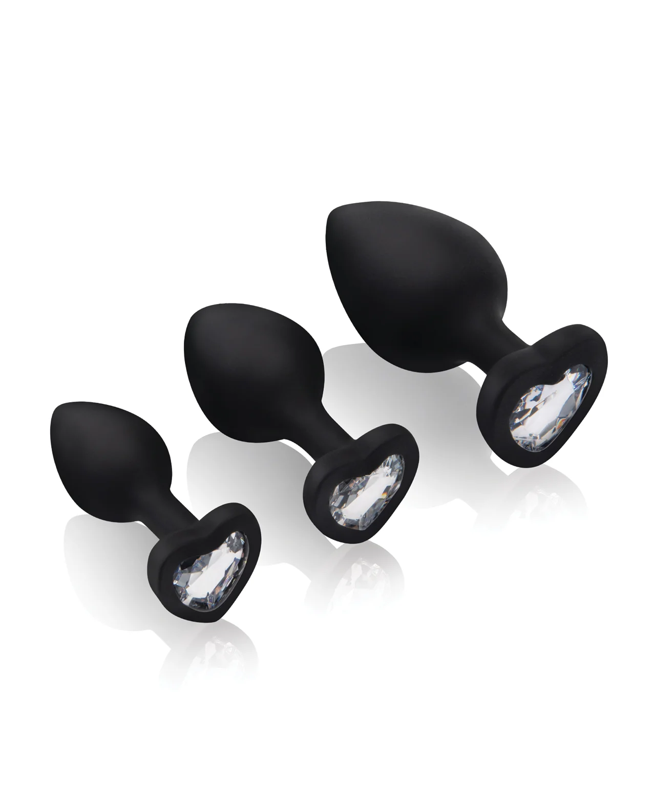 Gemsations 3 pc 2.75" & 3.15" & 3.7" Silicone Bling Bling Heart Butt Plug Training Set - Black - Image 2