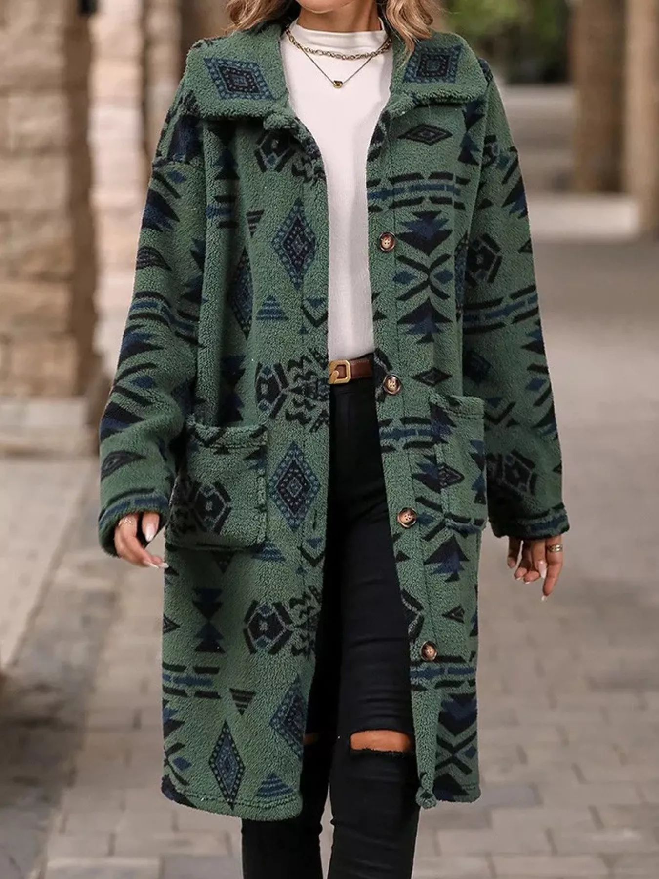 Geometric Button Up Longline Coat - Image 4