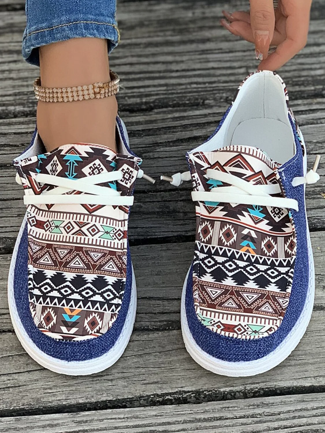 Geometric Lace-Up Round Toe Slip-Ons - Image 2