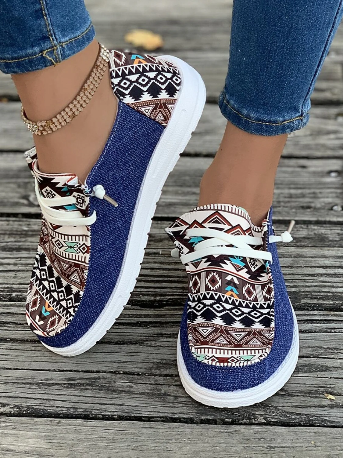 Geometric Lace-Up Round Toe Slip-Ons - Image 3