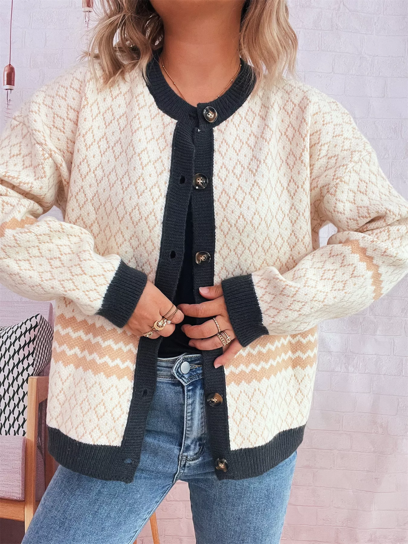 Geometric Pattern Button Up Cardigan - Image 12