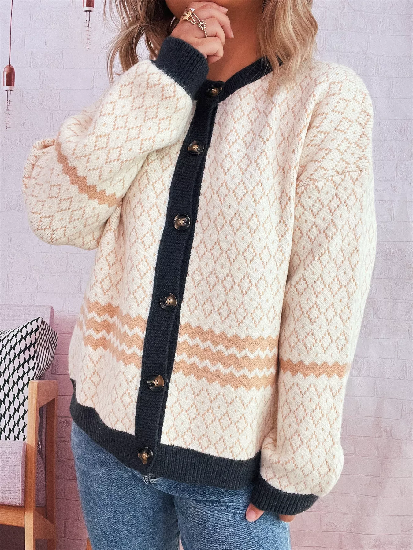 Geometric Pattern Button Up Cardigan - Image 14