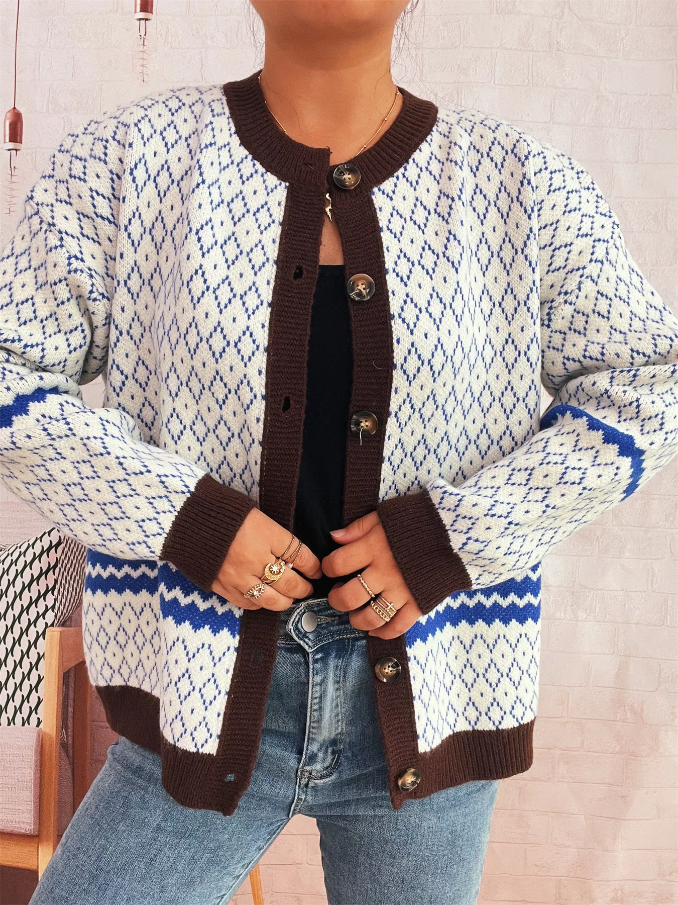 Geometric Pattern Button Up Cardigan - Image 3