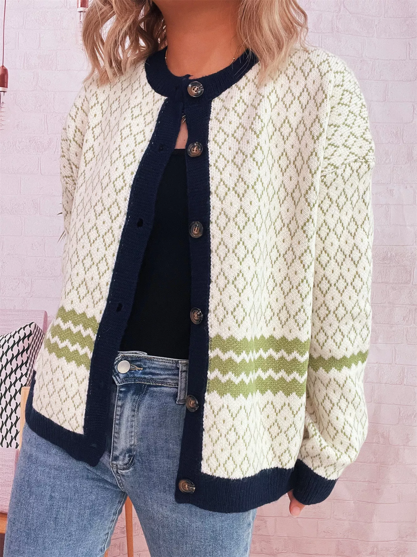 Geometric Pattern Button Up Cardigan - Image 7