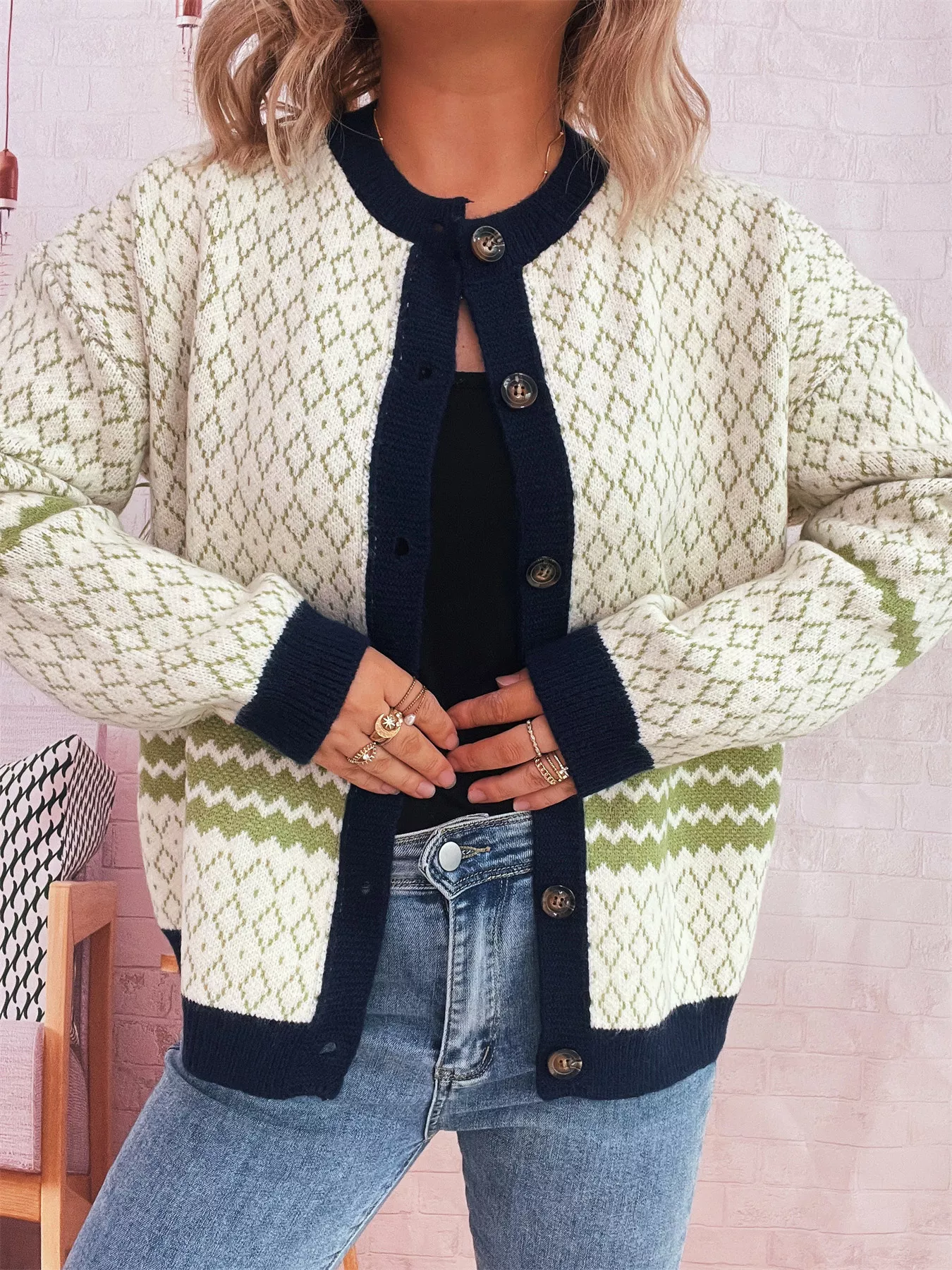 Geometric Pattern Button Up Cardigan - Image 9