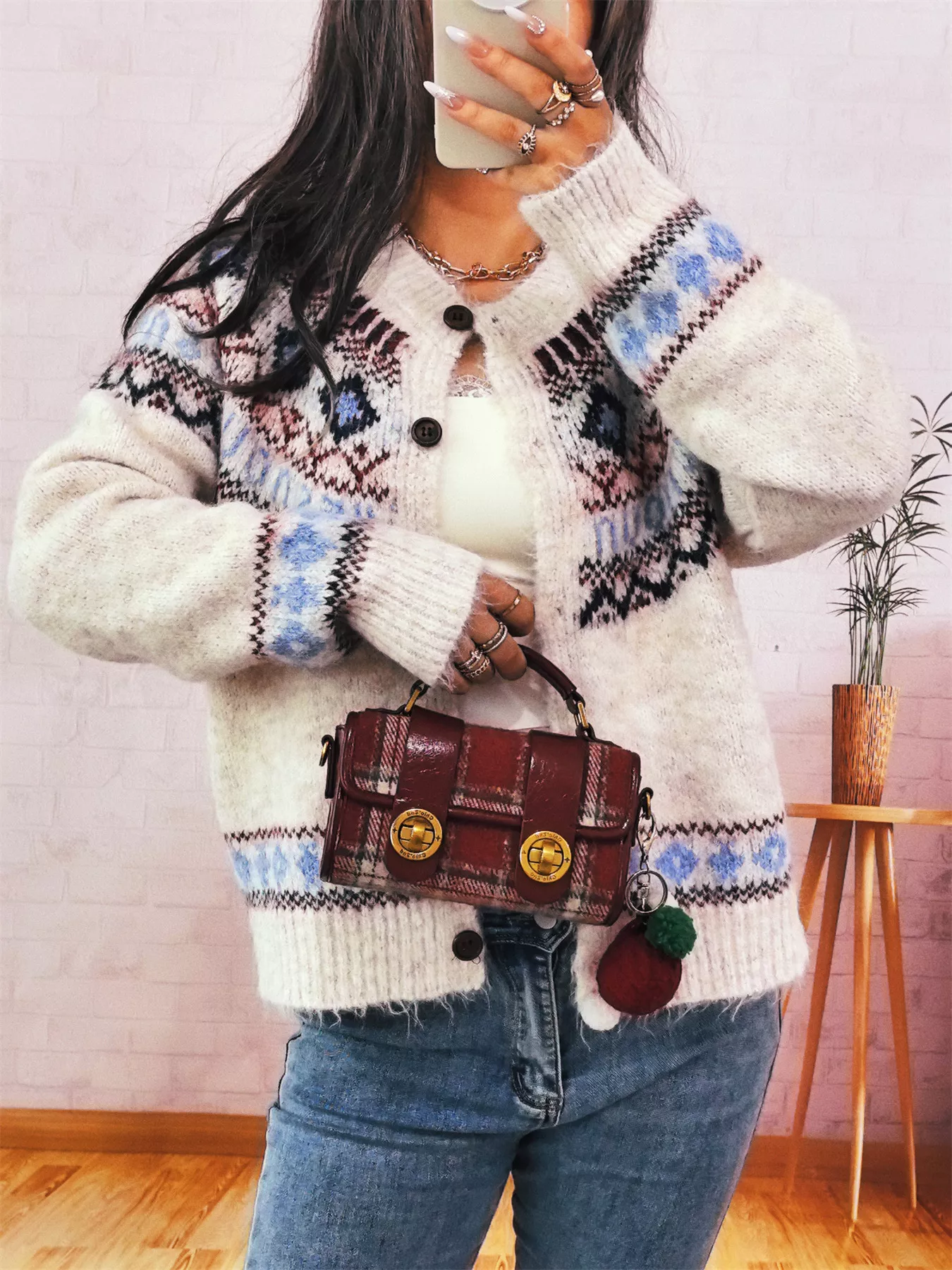 Geometric Pattern Button Up Long Sleeve Cardigan - Image 2