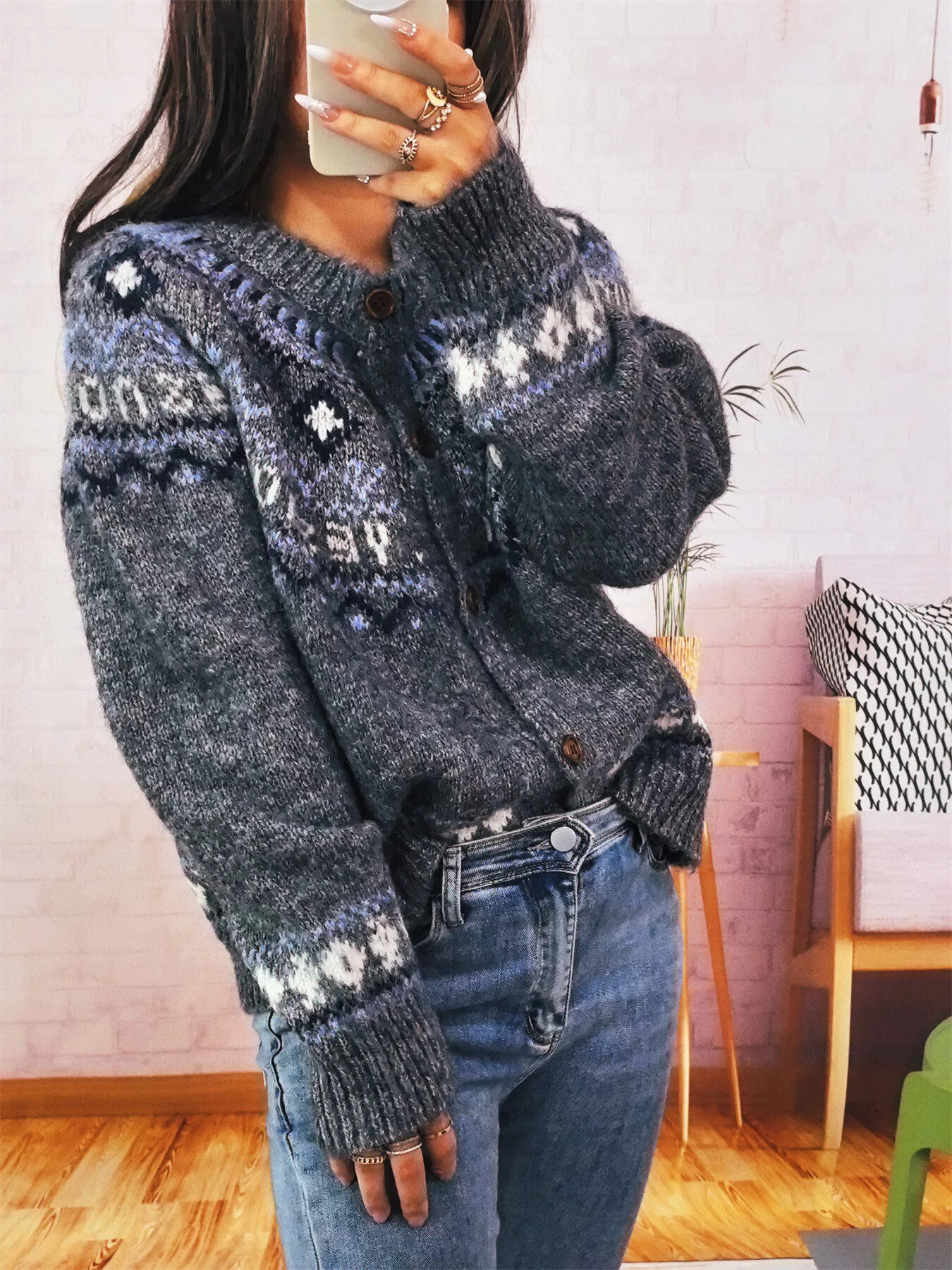 Geometric Pattern Button Up Long Sleeve Cardigan - Image 6