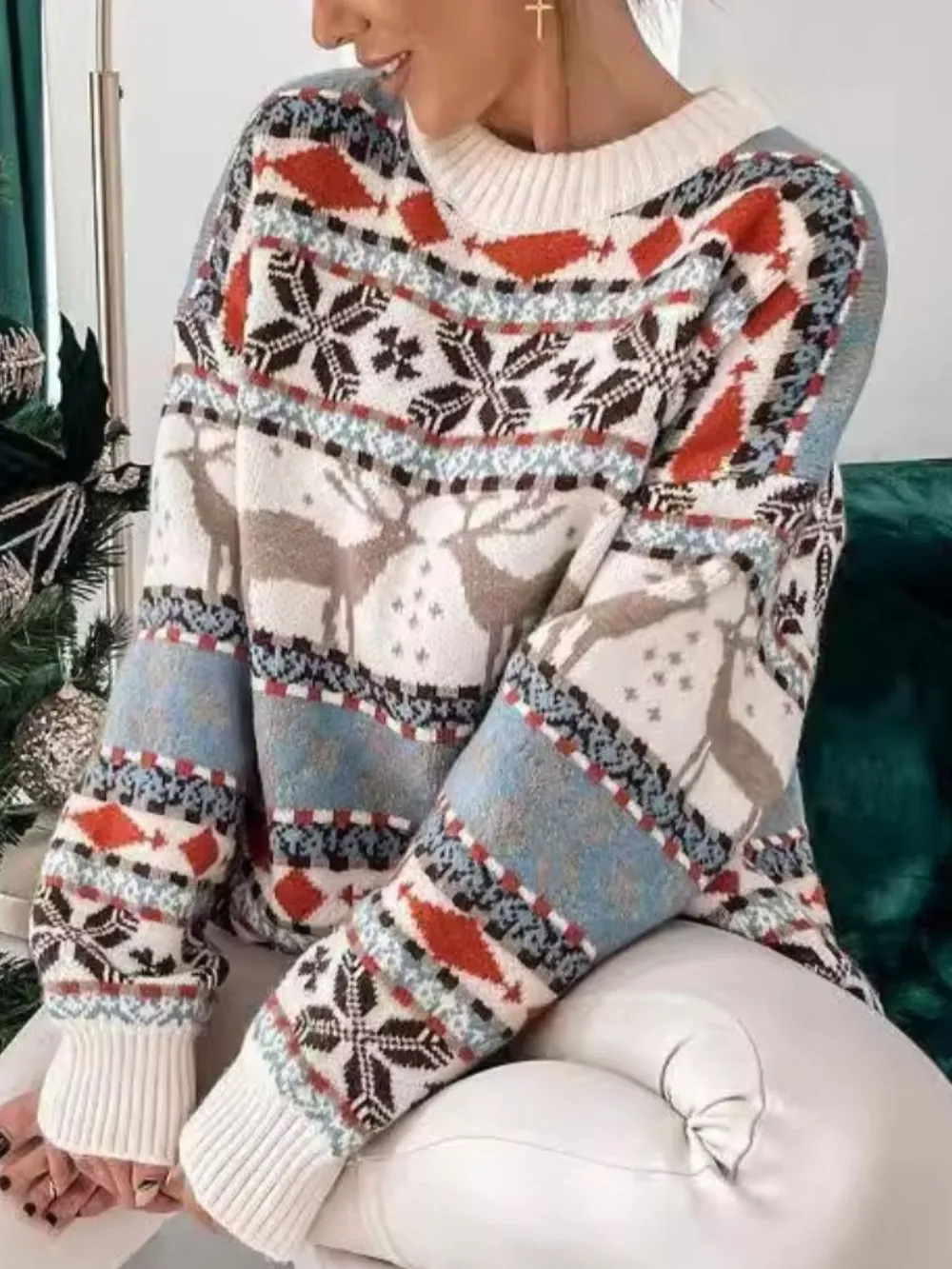 Geometric Round Neck Dropped Shoulder Sweater - Image 2
