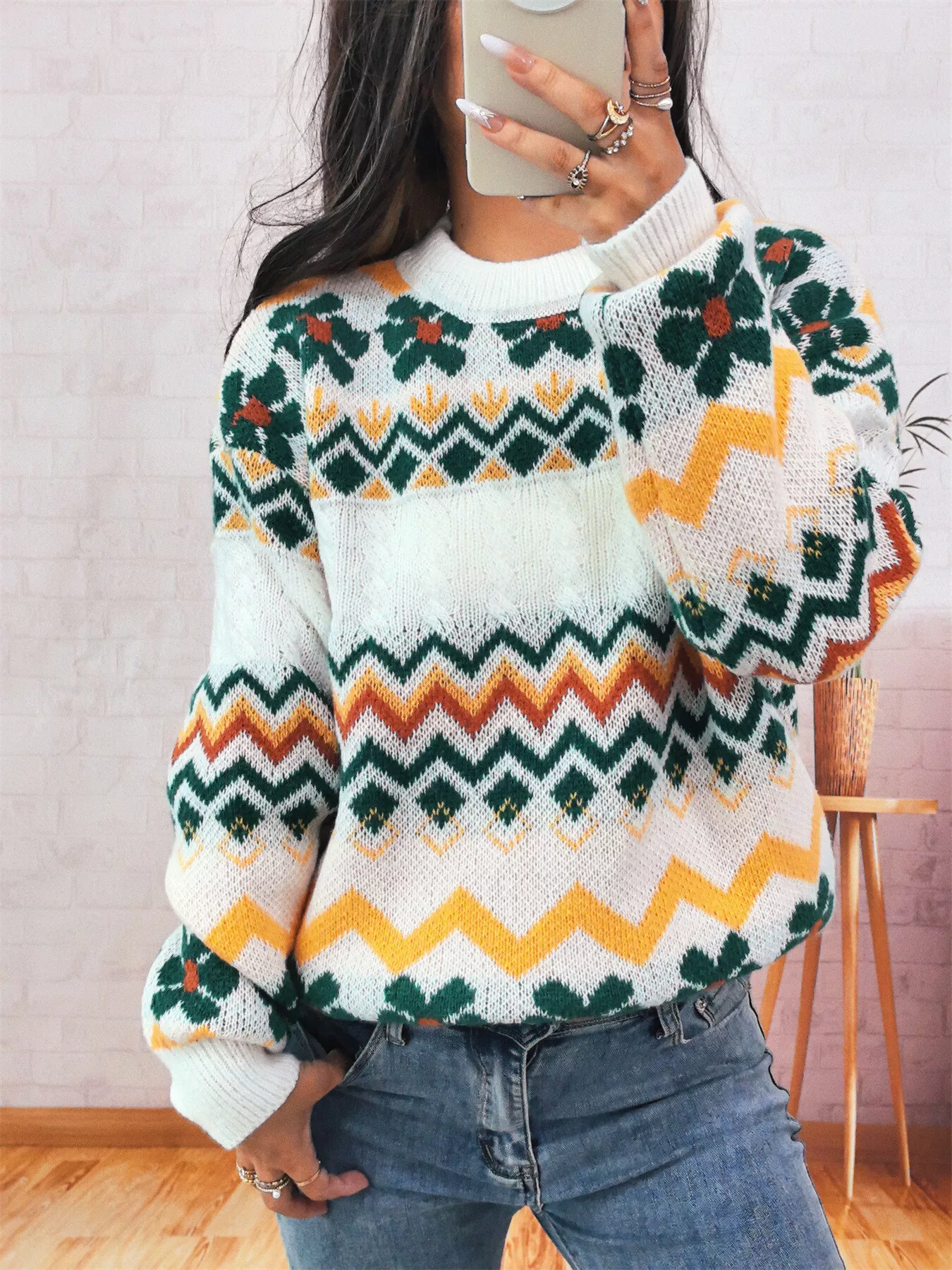 Geometric Round Neck Long Sleeve Sweater - Image 2