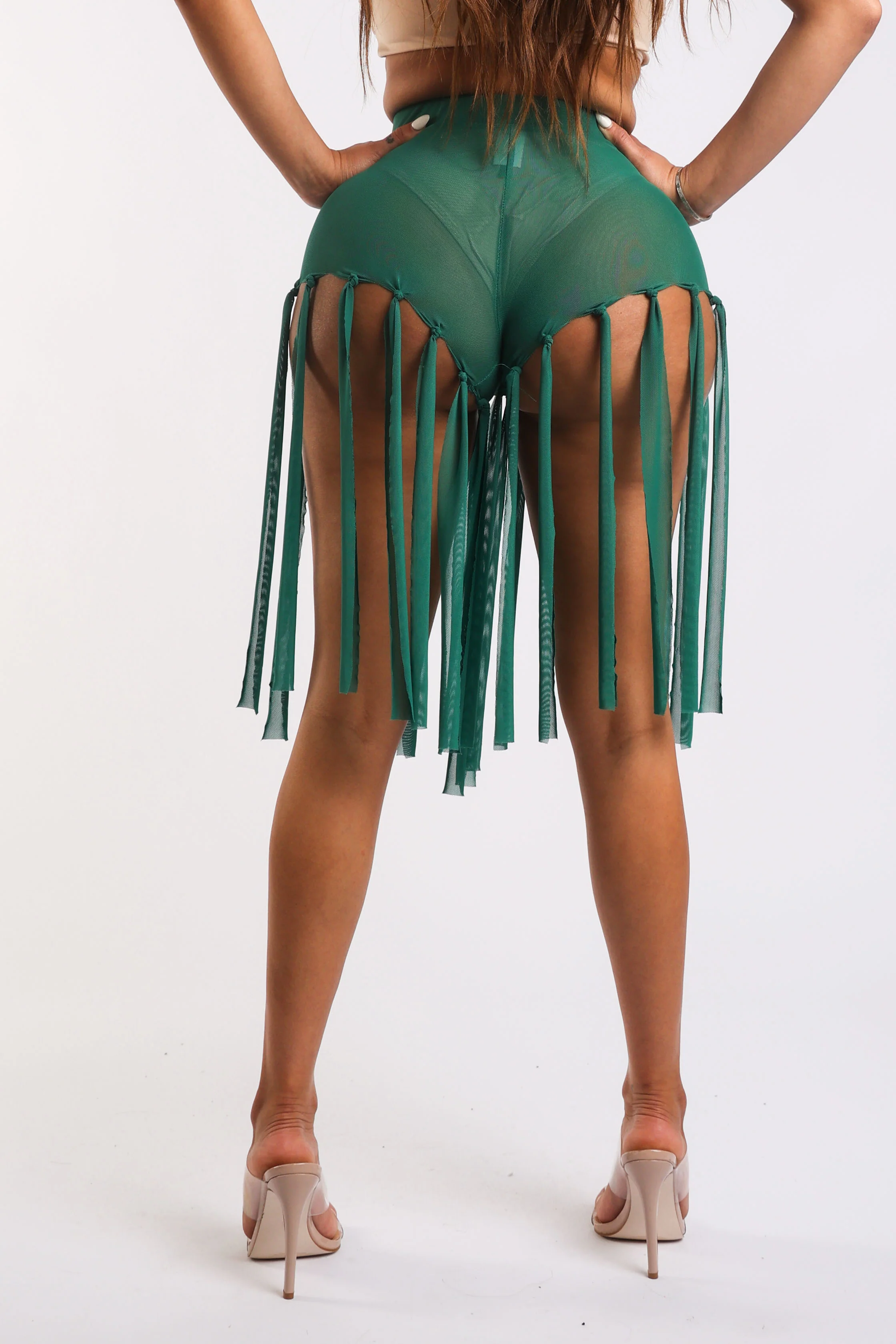 Get Party-Ready with These Fringed Mesh Sexy Shorts GREEN - Image 2
