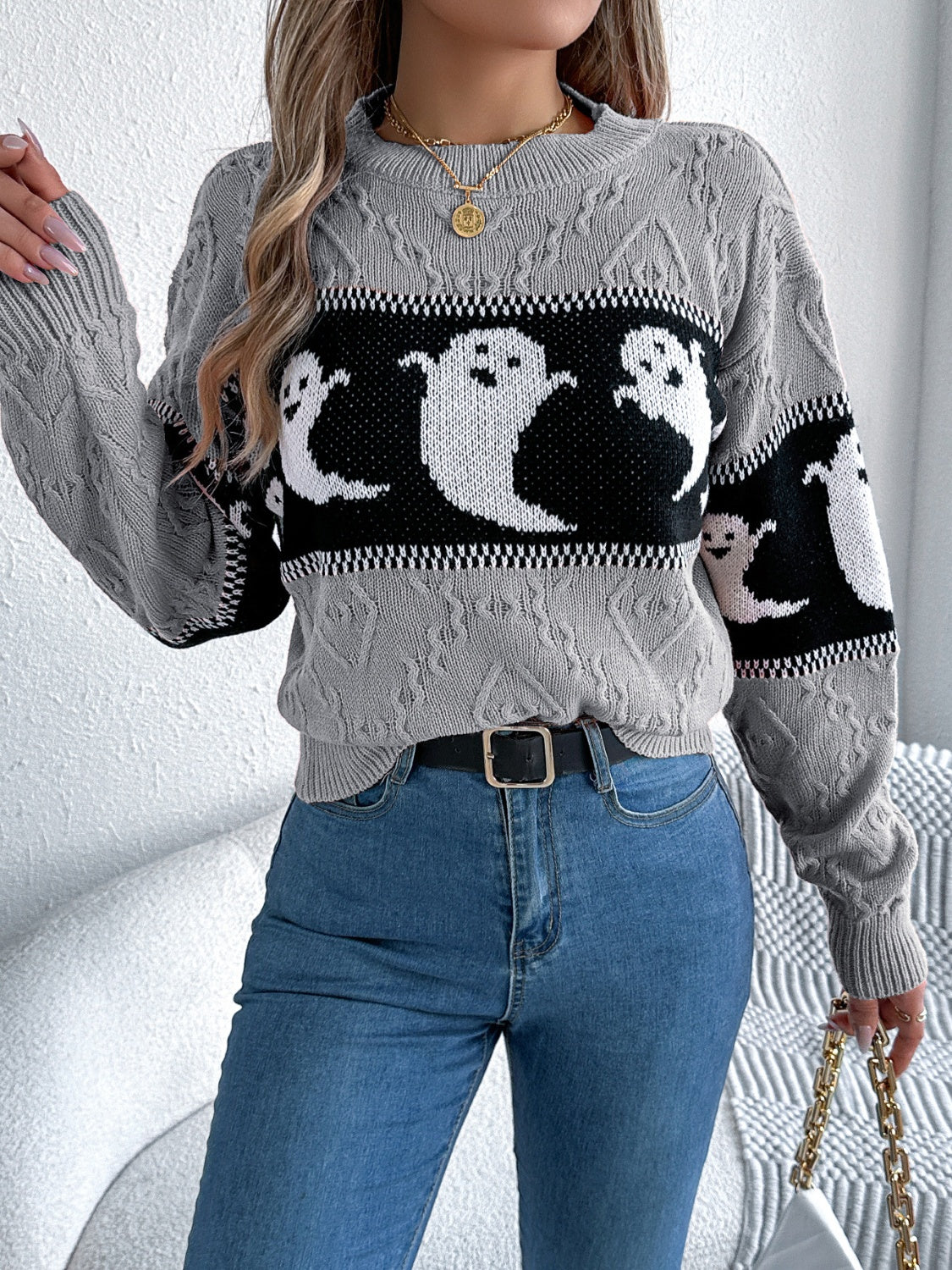 Ghost Round Neck Long Sleeve Sweater - Image 9