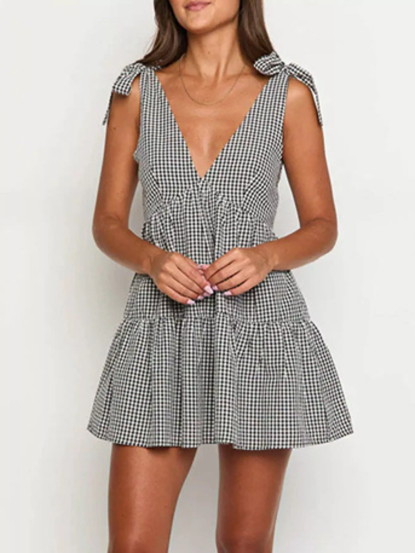 Gingham Tie-Shoulder Mini Dress - Image 4