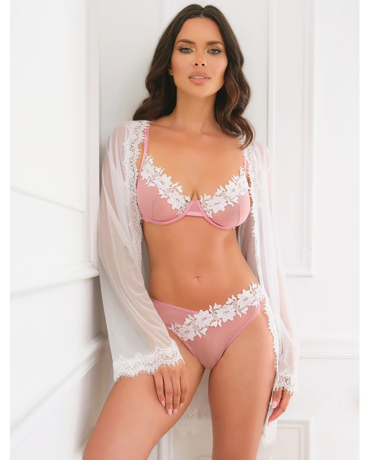 Glinda Mesh 2 pc Set w/Floral Embroidered Details - Pink & White LG - Image 4