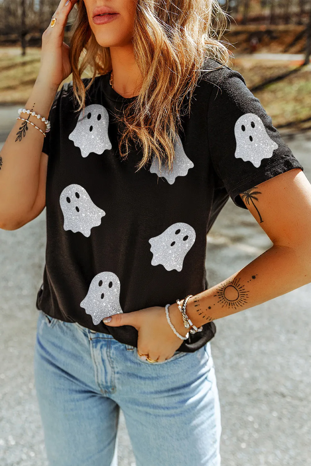 Glitter Ghost Round Neck Short Sleeve T-Shirt - Image 2