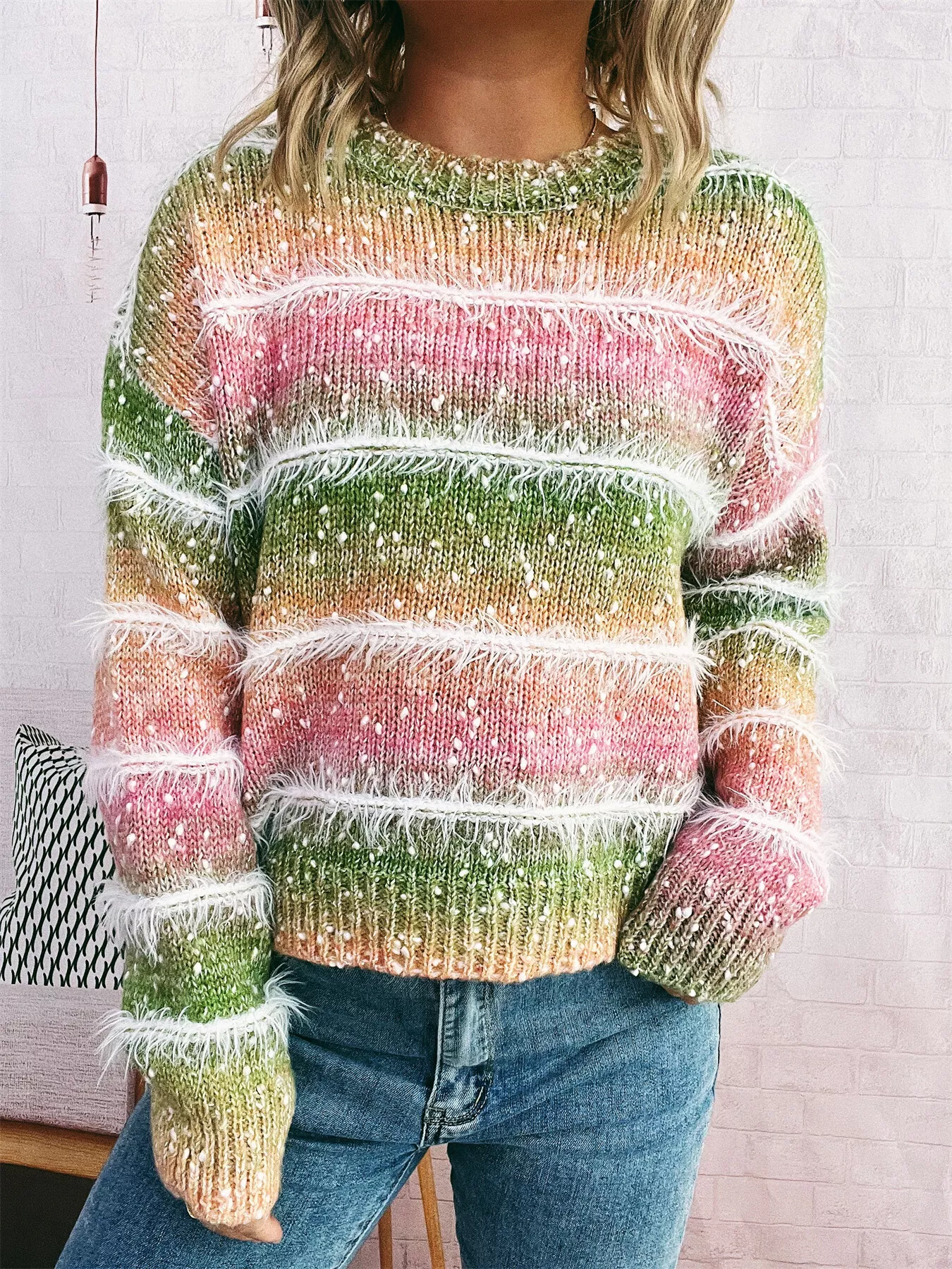 Gradient Striped Round Neck Sweater - Image 6