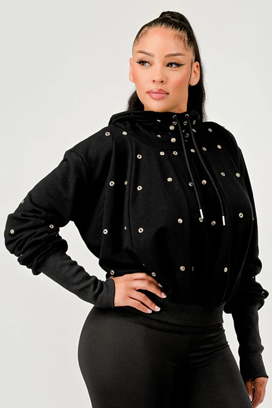 Grommet Detail Drawstring Hoodie - Image 11