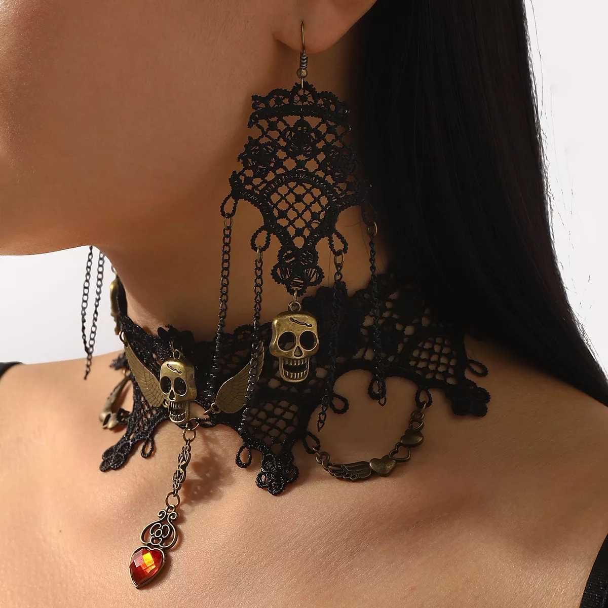 Halloween Lace Skull Necklace and Earrings Jewelry Set - Image 2