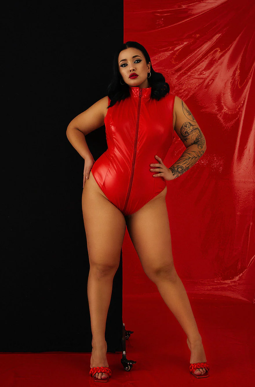 Handmade Womans Red Latex Bodysuit with Two Zips Plus Size Hot Red - Image 4