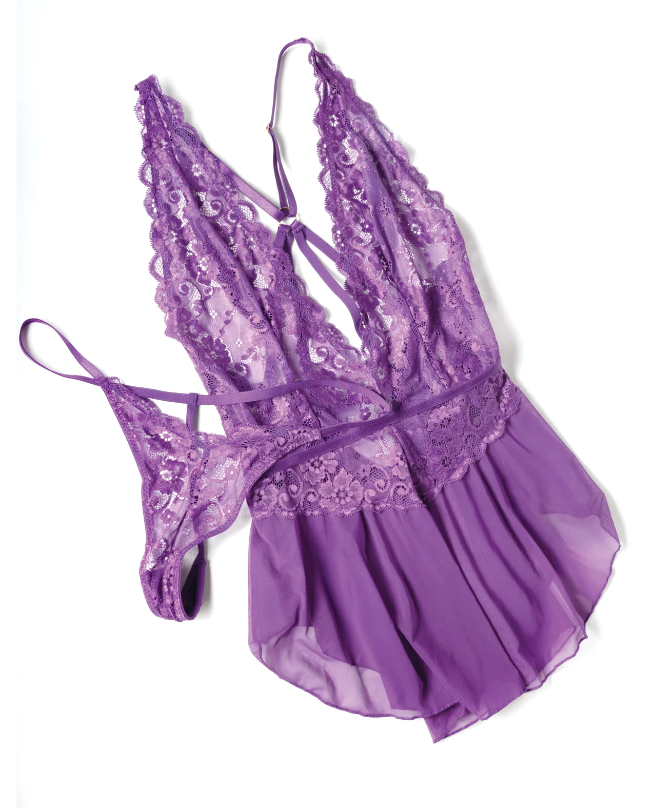 Harmony V-Plunge Lace & Mesh Babydoll w/G-String - Purple 1X/2X - Image 5