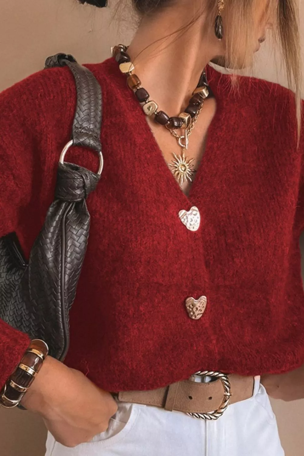 Heart Button Fuzzy Knit Cardigan - Image 3