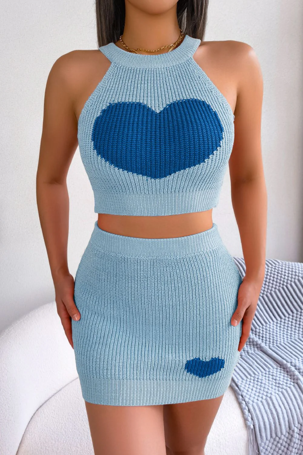 Heart Contrast Ribbed Sleeveless Knit Top and Skirt Set - Image 7