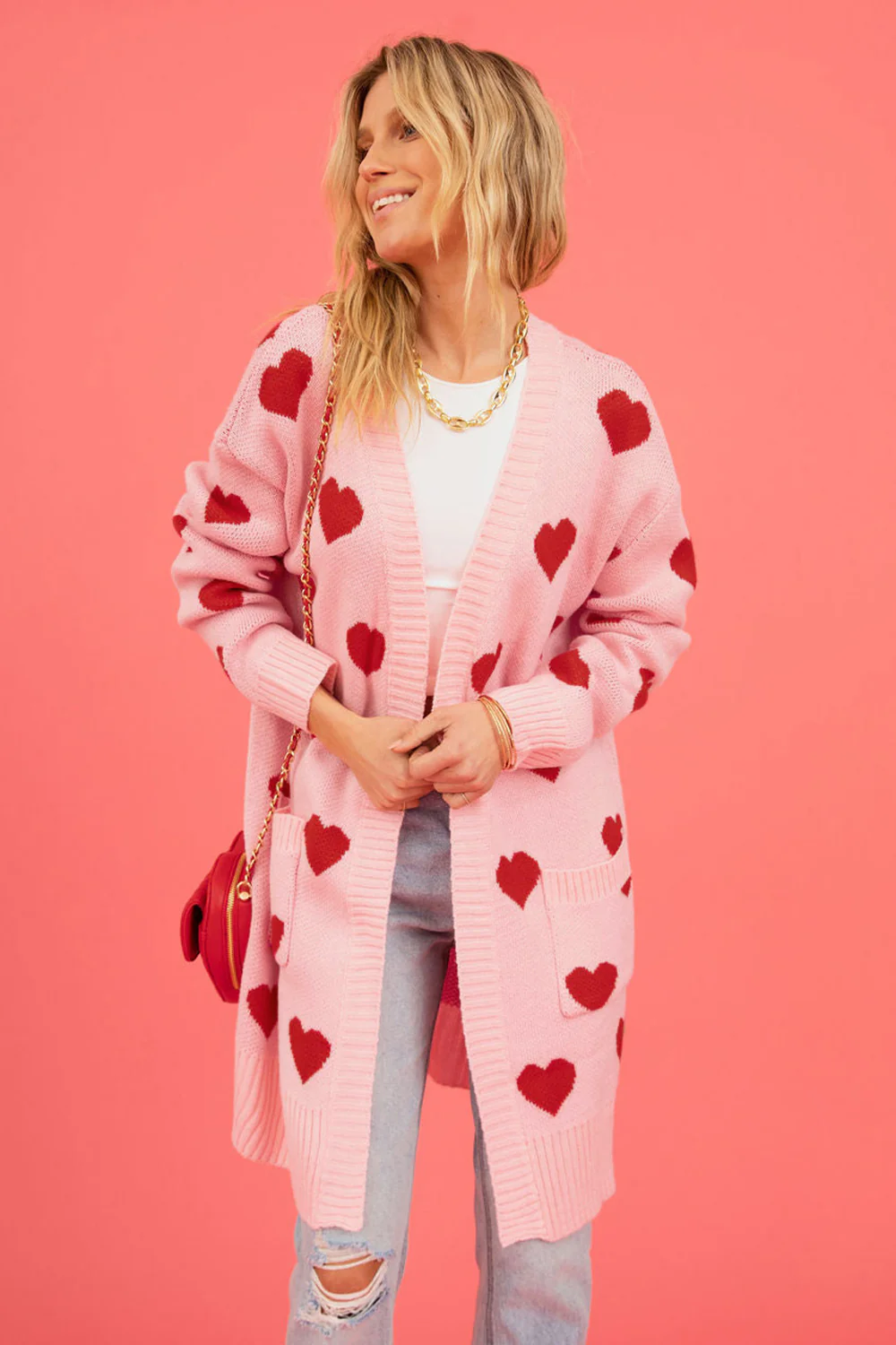 Heart Graphic Open Front Cardigan with Pockets - Image 17