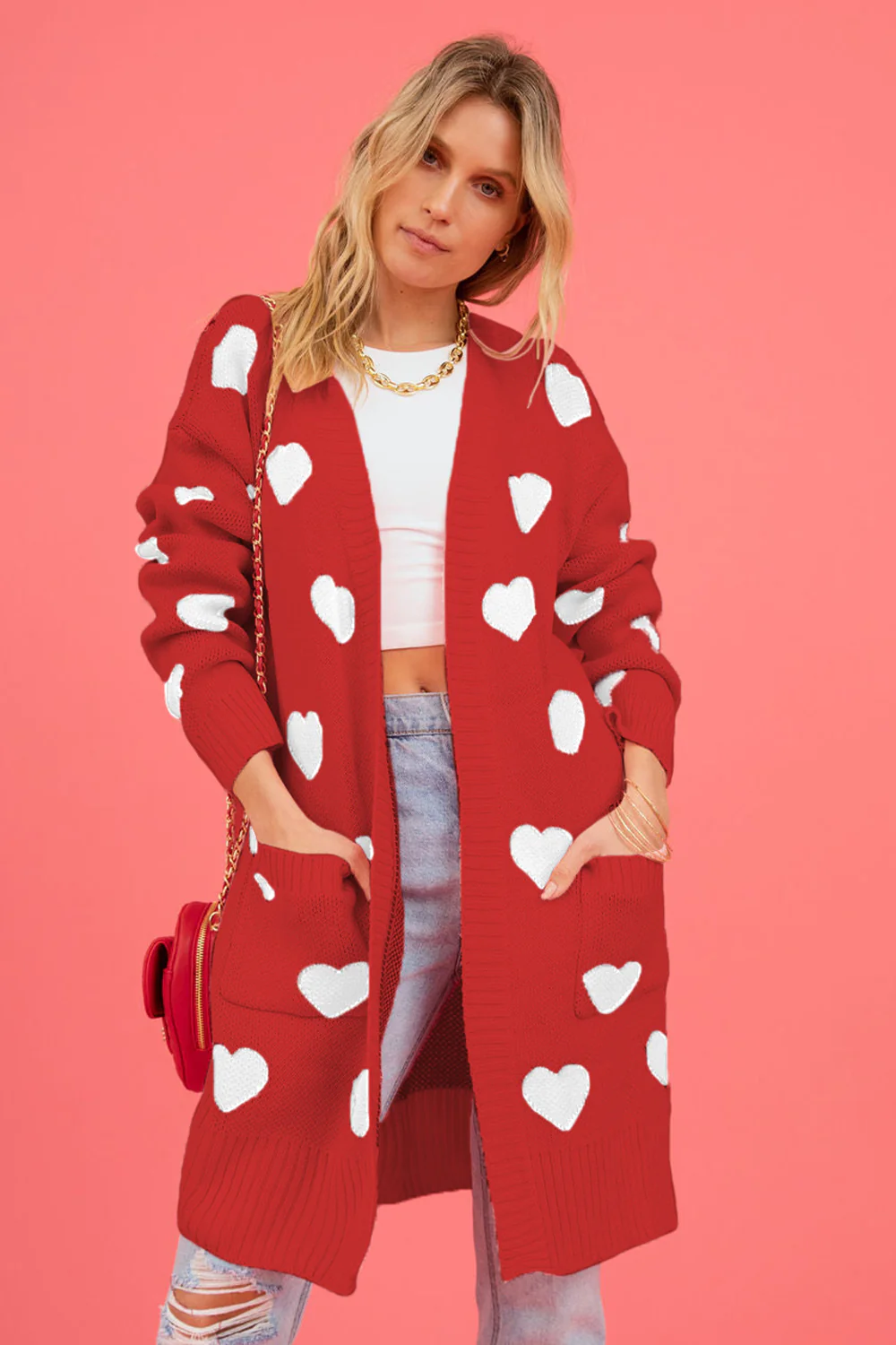Heart Graphic Open Front Cardigan with Pockets - Image 9