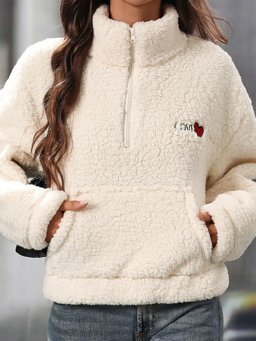 Heart Half Zip Long Sleeve Teddy Sweatshirt - Image 2