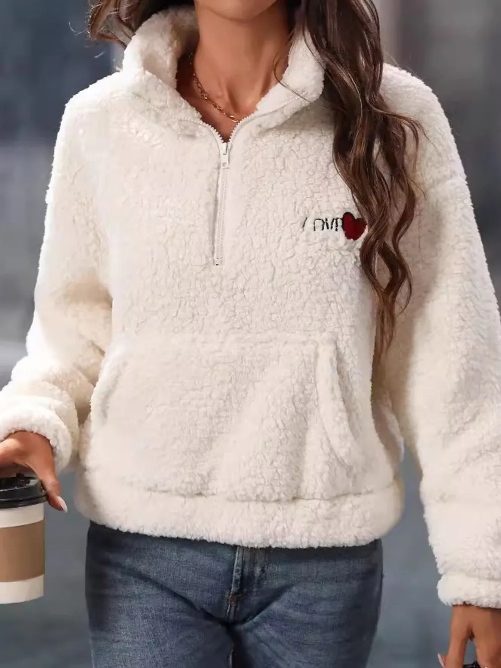Heart Half Zip Long Sleeve Teddy Sweatshirt - Image 5