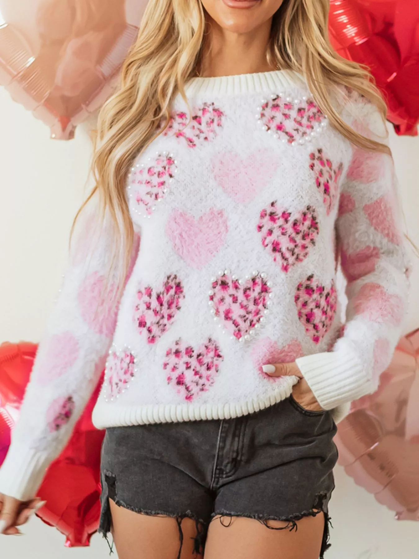 Heart Leopard Pearled Ribbed Trim Fuzzy Sweater - Image 4