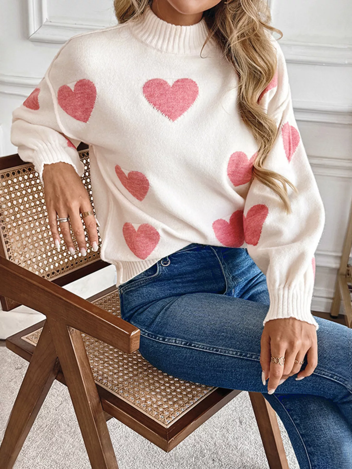 Heart Mock Neck Long Sleeve Sweater - Image 3