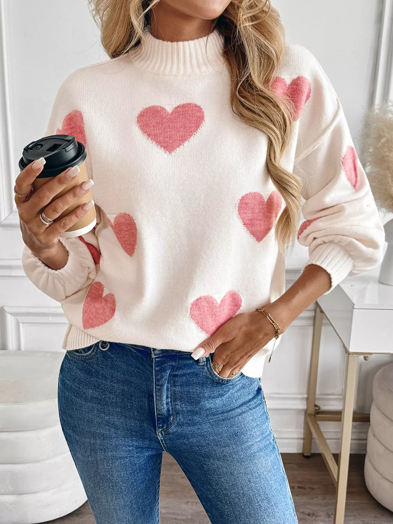 Heart Mock Neck Long Sleeve Sweater - Image 4