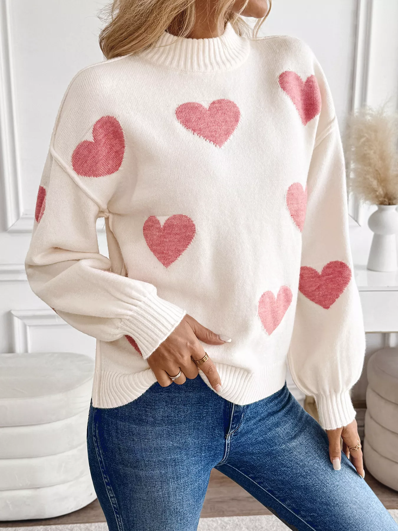 Heart Mock Neck Long Sleeve Sweater - Image 5