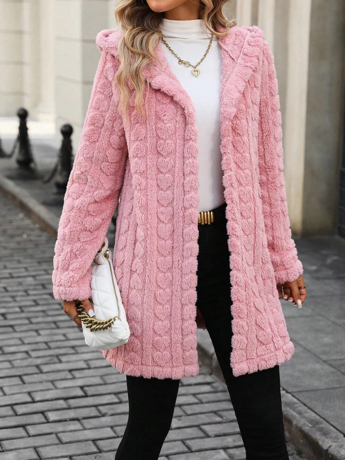 Heart Open Front Hooded Fuzzy Coat - Image 2