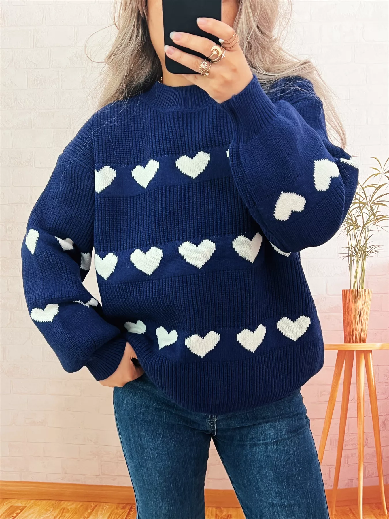 Heart Pattern Dropped Shoulder Sweater - Image 15