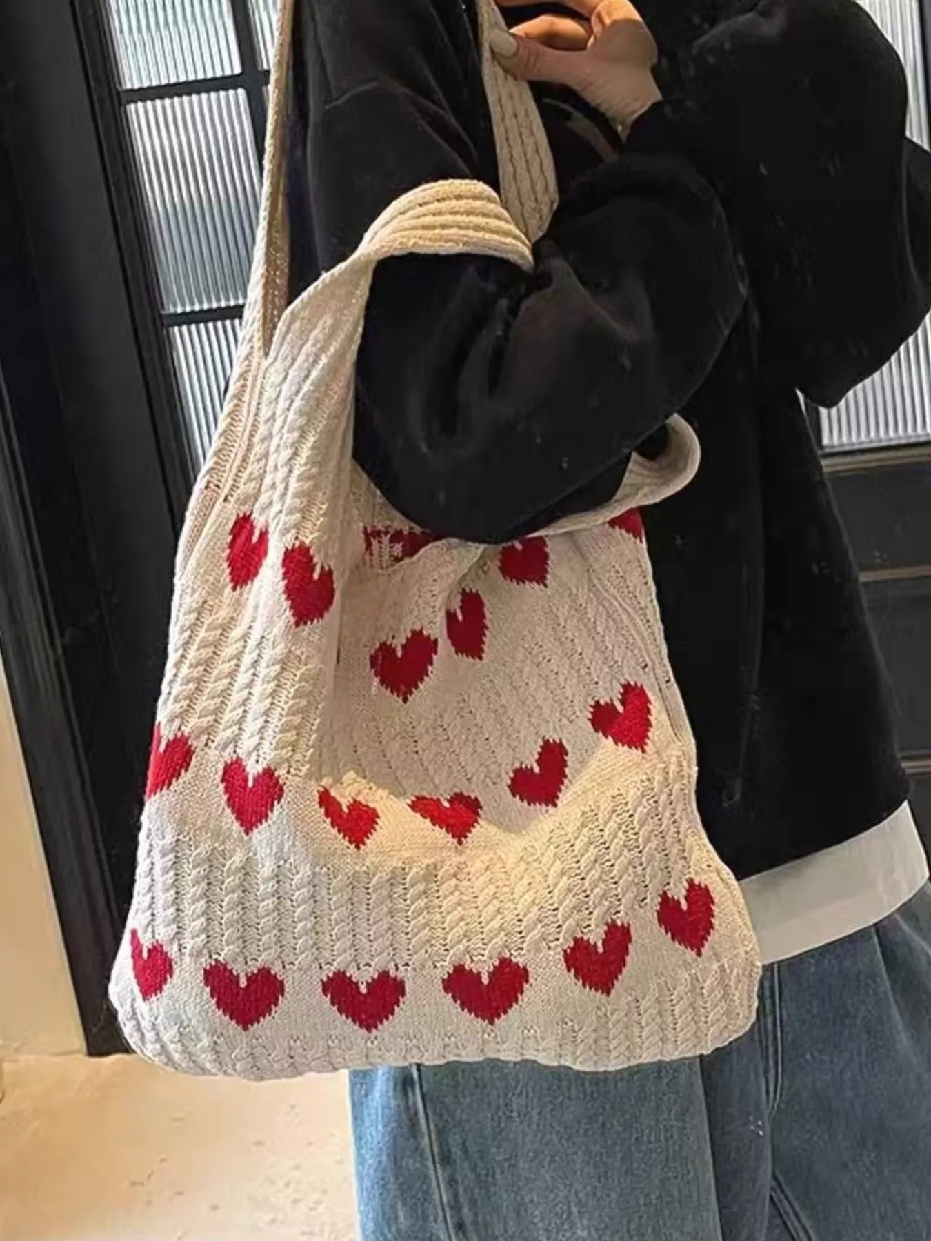 Heart Pattern Knitted Handbag - Image 2