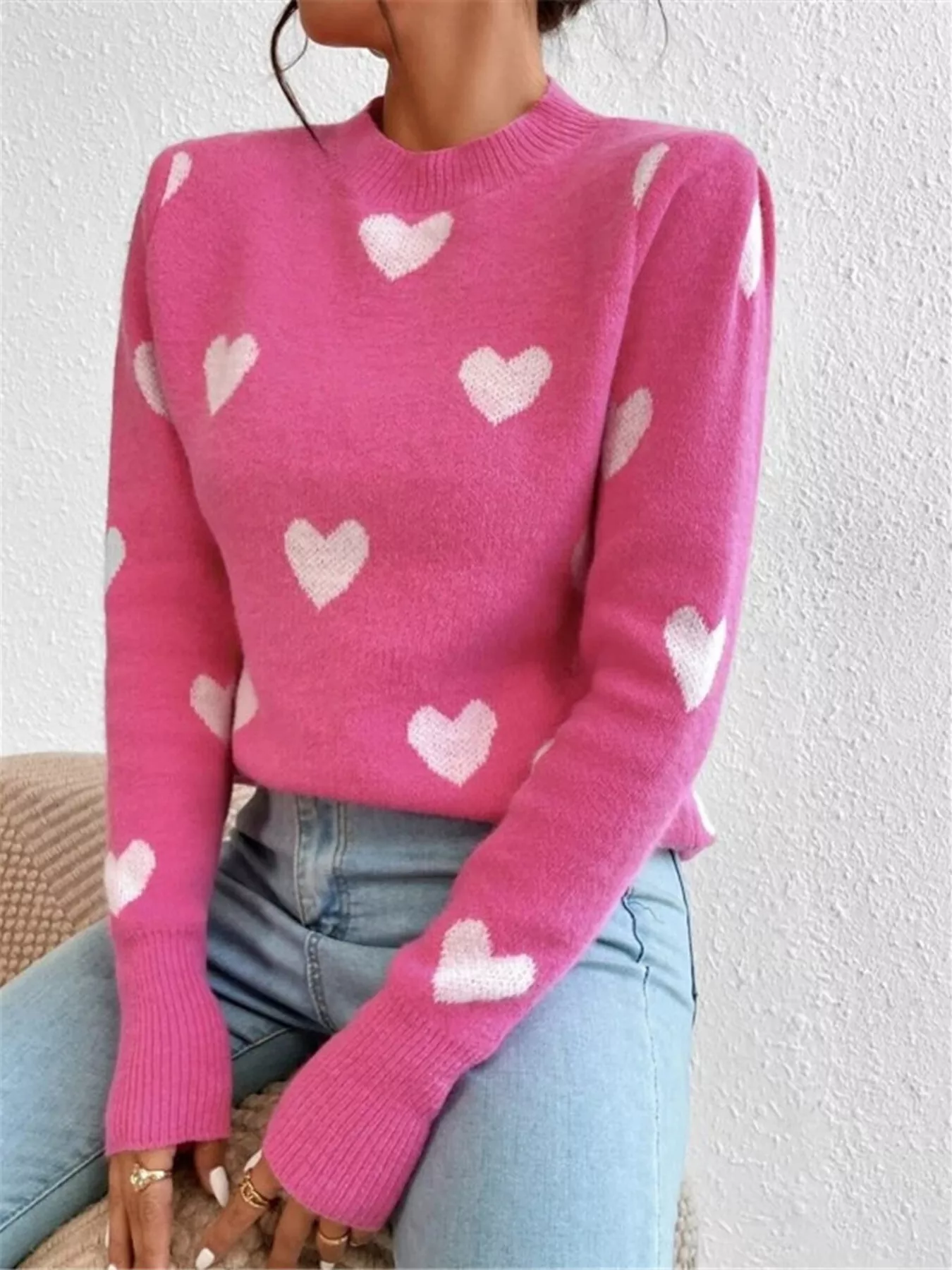 Heart Pattern Round Neck Sweater - Image 3